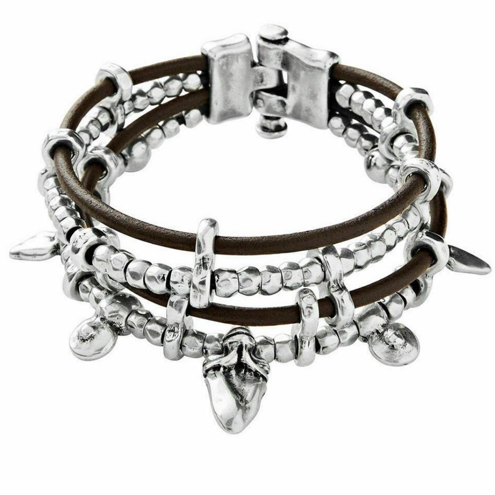 UNO de 50 “Omariba” Silver Plated Bead Brown Leather Bracelet